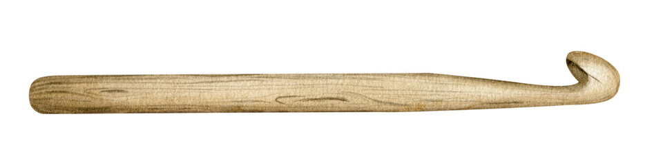 Wooden crochet hook. Watercolor illustration drawn by hands. Isolated. For product packaging design, knitter blog,needlework store