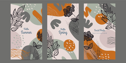 Obraz na płótnie Canvas Spring Background with minimal hand drawn colorful flower elements in line art style.