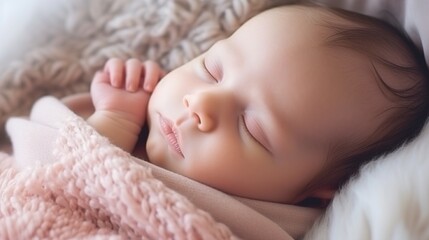 Adorable newborn baby sleeping in a blanket. Newborn baby child swaddled in fabric sleeping. Sweet infant kidnapping portrait. Generative ai.