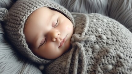 Adorable newborn baby sleeping in a blanket. Newborn baby child swaddled in fabric sleeping. Sweet infant kidnapping portrait. Generative ai.