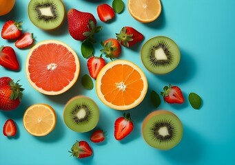 Flat Lay Slices of Fresh Fruits. Created with Generative AI Technology