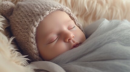 Adorable newborn baby sleeping in a blanket. Newborn baby child swaddled in fabric sleeping. Sweet infant kidnapping portrait. Generative ai.