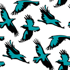 A pattern of black ravens with a bright blue glow from the spotlight. Colorful texture on a white background for a holiday. In the Halloween theme. Printing on textiles and paper, packaging