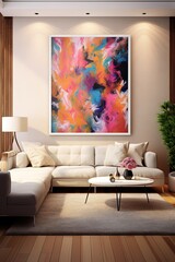 cheerful and happy mood living room idea of home decor design with colorful abstract painting art wall hanging picture, mockup idea, Generative Ai