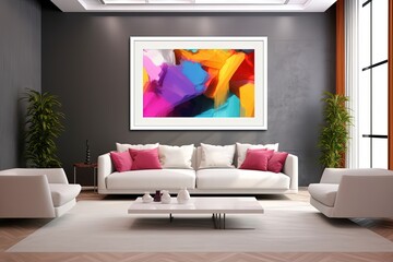 cheerful and happy mood living room idea of home decor design with colorful abstract painting art wall hanging picture, mockup idea, Generative Ai
