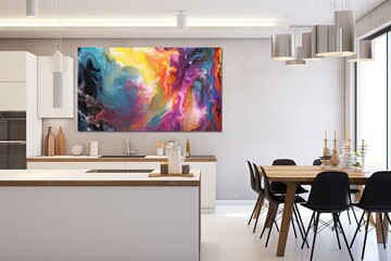 cheerful and happy mood kitchen room idea of home decor design with colorful abstract painting art wall hanging picture, mockup idea, Generative Ai