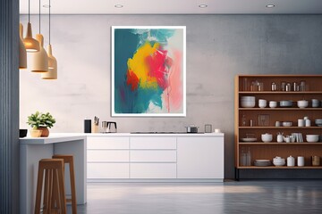 cheerful and happy mood kitchen room idea of home decor design with colorful abstract painting art wall hanging picture, Generative Ai - obrazy, fototapety, plakaty