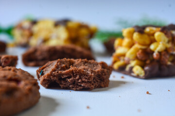 Photo of choco chips on a white background.