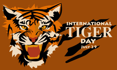 International Tiger Day on July 29. The big head of the aggressive tiger growls. Portrait of an evil tiger. Suitable for printing on postcards, banners, flyers. Tiger claw marks, scratched fabric