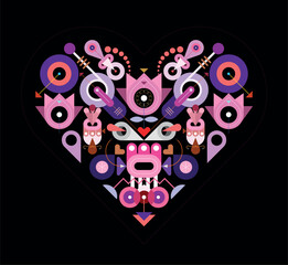 Heart shape design includes many abstract different objects and elements isolated on a black background, flat style vector graphic artwork.