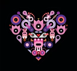 Poster Heart shape design includes many abstract different objects and elements isolated on a black background, flat style vector graphic artwork. ©  danjazzia