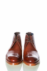 Footwear Concepts. Premium Tanned Derby Boots Made of Calf Leather with Leather Sole Isolated On Pure White