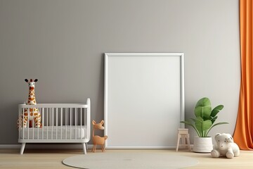 minimal relax mood children room with cradle and toys with empty art wall frame, mockup idea,  Generative Ai
