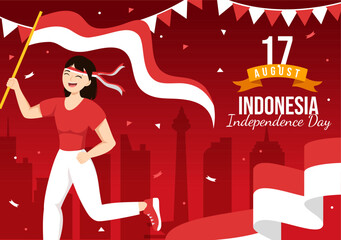 Indonesia Independence Day Vector Illustration on 17 August with Indonesian Flag Raising the Red and White in Flat Cartoon Hand Drawn Templates