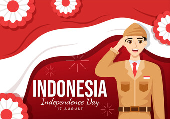 Indonesia Independence Day Vector Illustration on 17 August with Indonesian Flag Raising the Red and White in Flat Cartoon Hand Drawn Templates