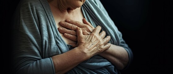 Old woman dealing with heart disease. Grandmother shivering and touching her chest