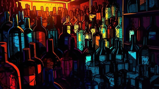 Bottles of fine wine in a cellar . Fantasy concept , Illustration painting.