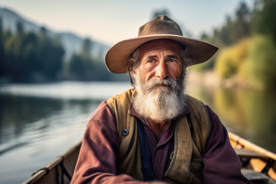 AI Generated Portrait Of Middle Aged Man Canoeing In Along The River In Traditional Canoe