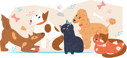 Domestic animals cats and dogs for topic of veterinary and pets health and care. Banner layout for vet clinic and grooming service, pets adoption.