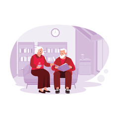 Elderly couple sitting together on the living room sofa, enjoying a relaxing time looking at album photos. Trend Modern vector flat illustration.