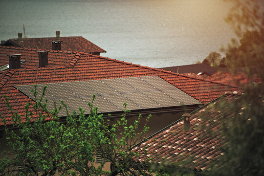 Banner image template for the solar roof company. Solar Panels and Solar roofs. Concept of sustainable future