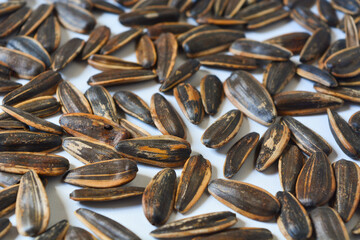 Close-up of a still-skinned sunflower on a white background.