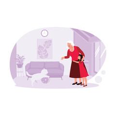 Happy moments of grandchildren hugging grandmother spending time together, and playing with cats in the living room. Trend Modern vector flat illustration.