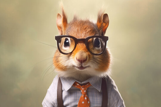 Portrait of a squirrel wearing shirt, tie and glasses, Generative AI