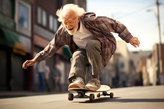 Very Old man skateboarding fast outside in the streets
