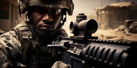 Fototapeta na wymiar Special forces soldier holding a gun. Private army mercenary.