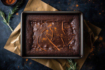 Baked Brownie on a Dark Background with Ingredients Around Cozy Atmosphere Food Photography Flat Lay Generative AI