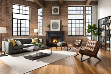 Interior design of an industrial chic living room that incorporates exposed bricks, metal finishes, wooden elements, and vintage machinery-inspired decor with a touch of luxury | Generative AI