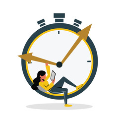 Cartoon girl lay on clock and read tablet, take break on work. Time management with people in flat cartoon style. Vector flat style illustration on white background