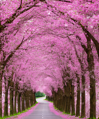 The romantic tunnel of pink flower trees, generative AI