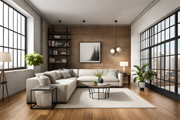 Fototapeta premium Interior design of an industrial chic living room that incorporates exposed bricks, metal finishes, wooden elements, and vintage machinery-inspired decor with a touch of luxury | Generative AI