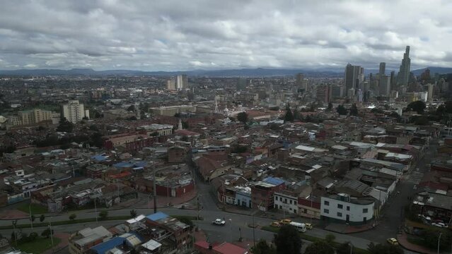 Aerial Drone Fly Bogota City Colombia Urban Cityscape Skyline and Neighborhood, South American Capital