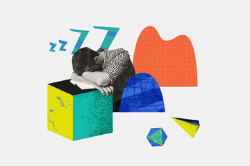 Creative collage picture of black white colors tired guy fell asleep reading book isolated on white drawing background