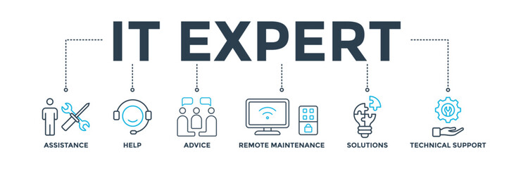 IT Expert banner web icon vector illustration concept with icon of assistance, help, advice, remote maintenance, solutions and technical support