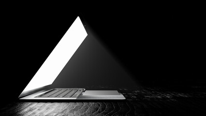 Minimalist Workspace with  Laptop on  Desk in the dark