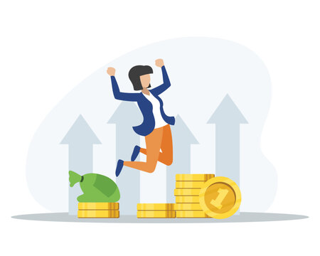 Faceless cartoon girl jumping for happiness successful deal making profit. Concept of banking services. Modern finance management process. Business investment profit. Vector