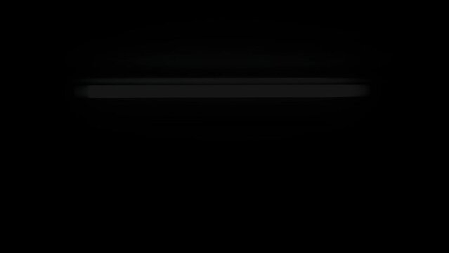 A neon light tube on the ceiling of a dark basement, casting an eerie glow, flickering, fading in and out, seemingly influenced by a turbulent electrical current or a supernatural force.