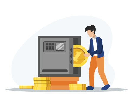 Faceless cartoon man investing money in safe. Secure finance management. Getting financial success and money growth. Vector flat style illustration on white background