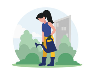 Faceless volunteer girl watering ground from watering can. People taking care of environment. Social charity activities to save planet. Vector flat style illustration