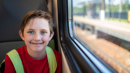 smiling boy 10 years old sitting by the window in commuter electric train in summer
