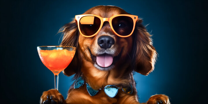 Hund mit Cocktail im Urlaub KI