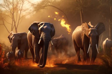 Fototapeta na wymiar Dramatic Wildlife Escape: Fantastic CGI Art Depicting a Group of African Animals Fleeing from a Forest Fire in Summer's Sunny Light, Featuring Elephants, Giraffes, Rhinoceros, Parrots, and Buffalos