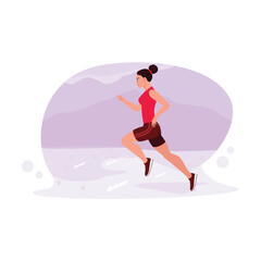 Female sprint athlete running at high speed over the desert. Trend Modern vector flat illustration.