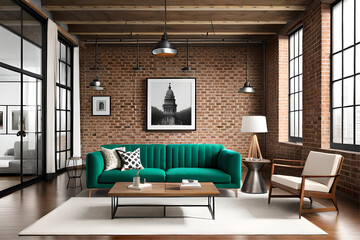 Interior design of an industrial chic living room that incorporates exposed bricks, metal finishes, wooden elements, and vintage machinery-inspired decor with a touch of luxury | Generative AI
