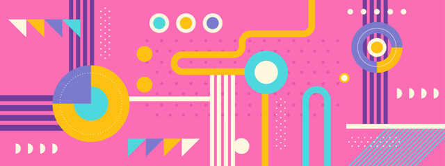 Fototapeta premium Modern geometric abstract pattern design with simple geometrical shapes and basic colorful forms. Great for use in poster arts, web design, branding presentation, album print, fashion texture and etc.