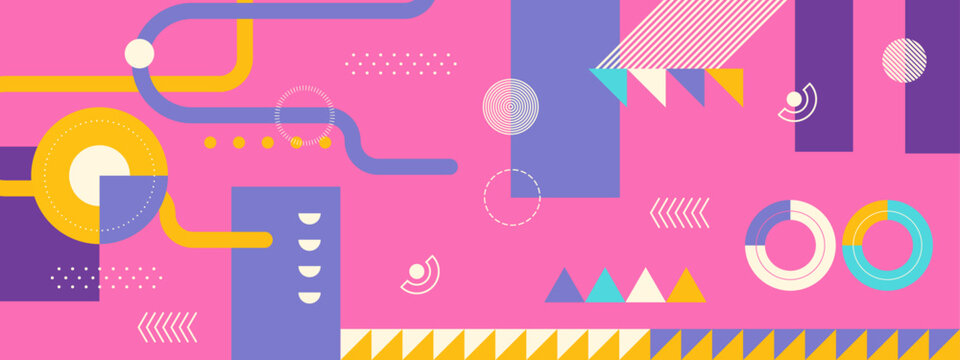 Modern geometric abstract pattern design with simple geometrical shapes and basic colorful forms. Great for use in poster arts, web design, branding presentation, album print, fashion texture and etc.
